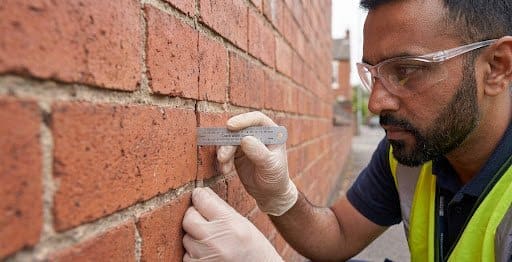 Surveyor measuring a mortar joint in a brick wall with a steel rule