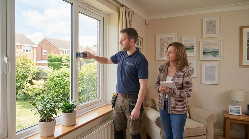Energy assessor measuring a window while the homeowner looks on