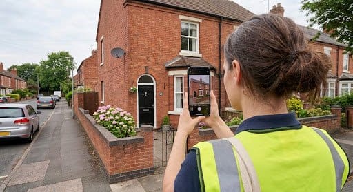 Surveyor photographing the front of a brick semi-detached house during a home survey